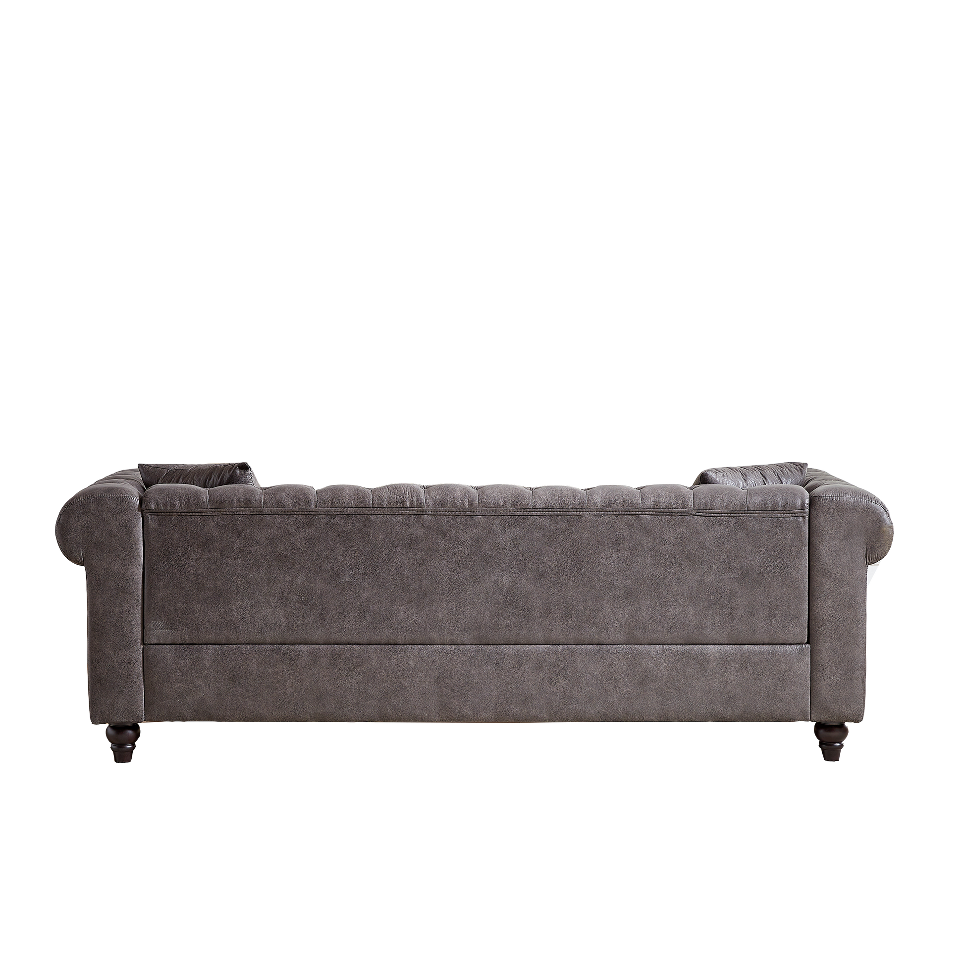 Dark grey tufted chesterfield sofa with rolled arms and dark wooden legs