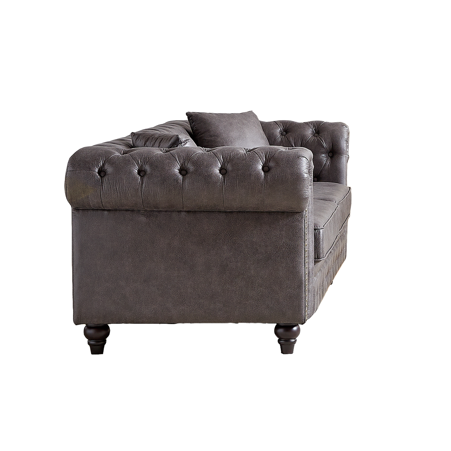 Dark gray leather chesterfield sofa with tufted back and rolled arms features dark wood legs