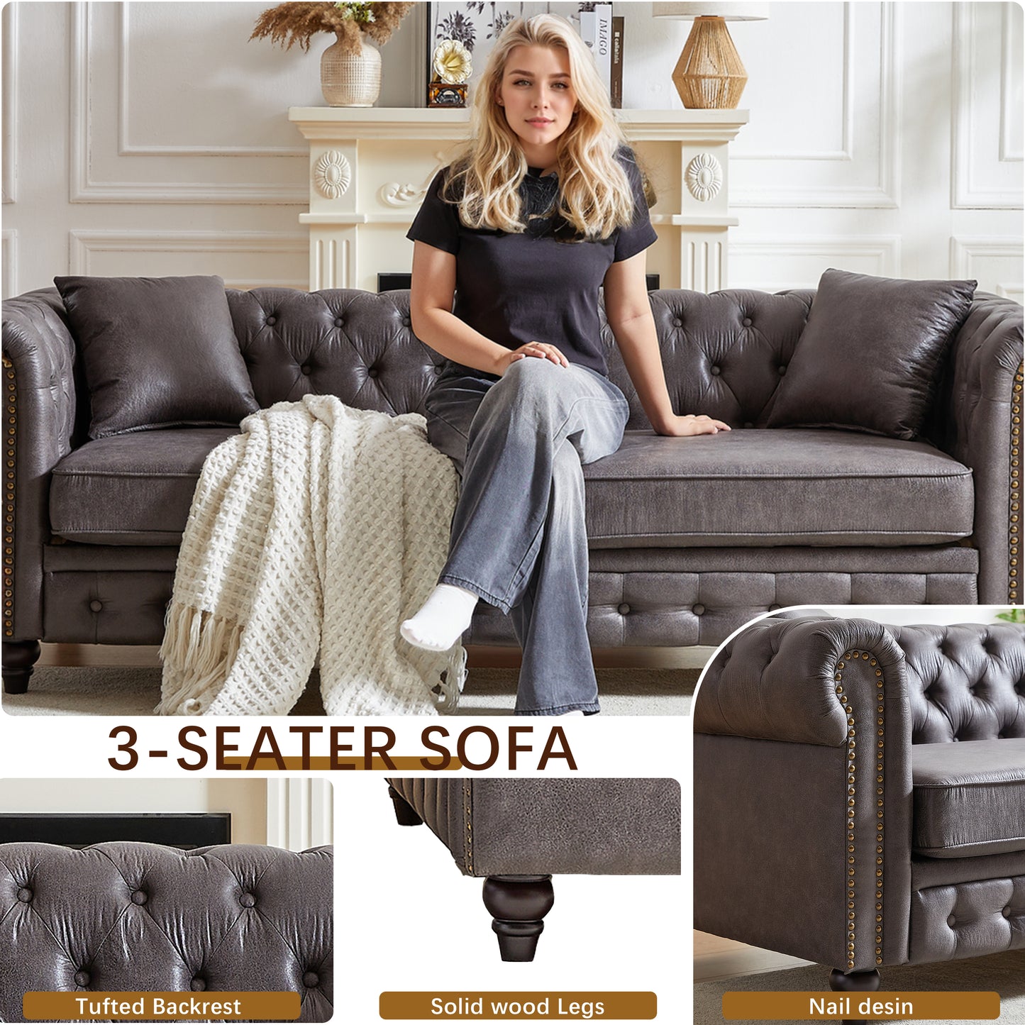 Dark grey leather seater sofa with tufted backrest and nailhead trim