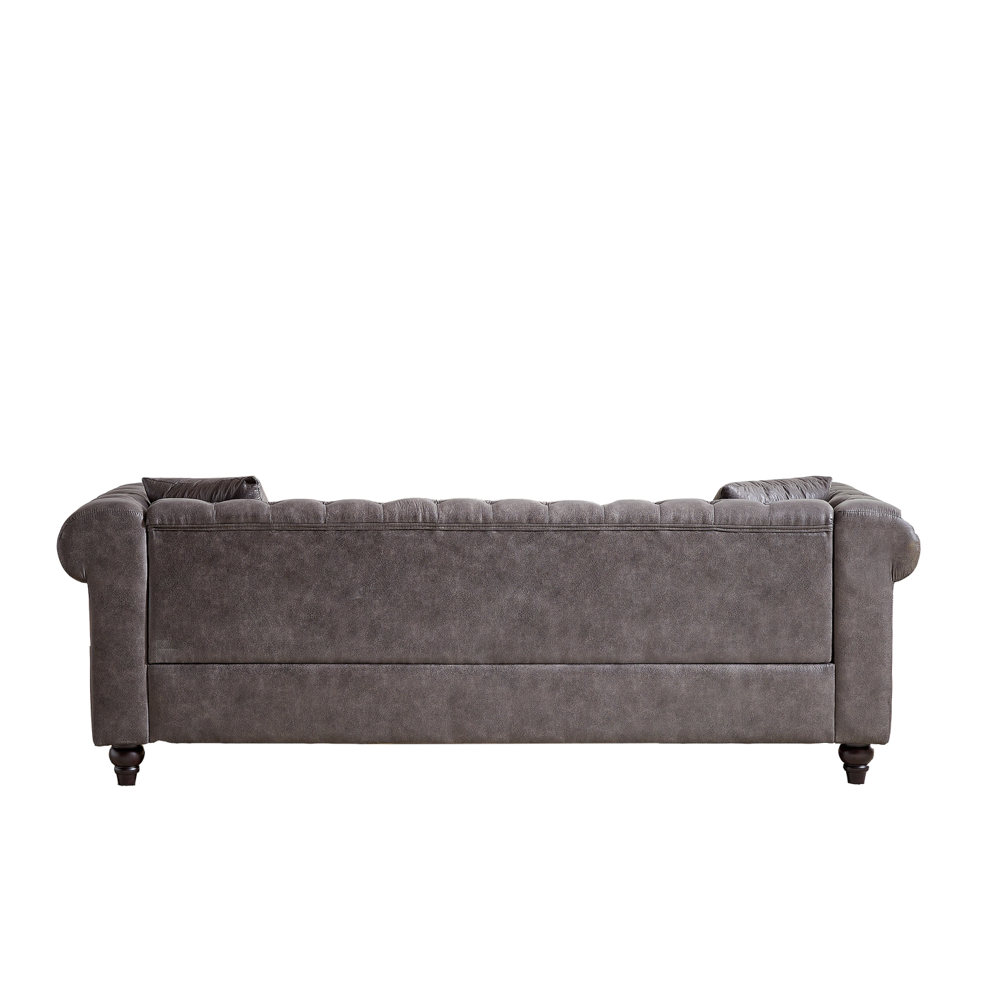 Dark gray tufted velvet sofa with rolled arms and dark wooden legs