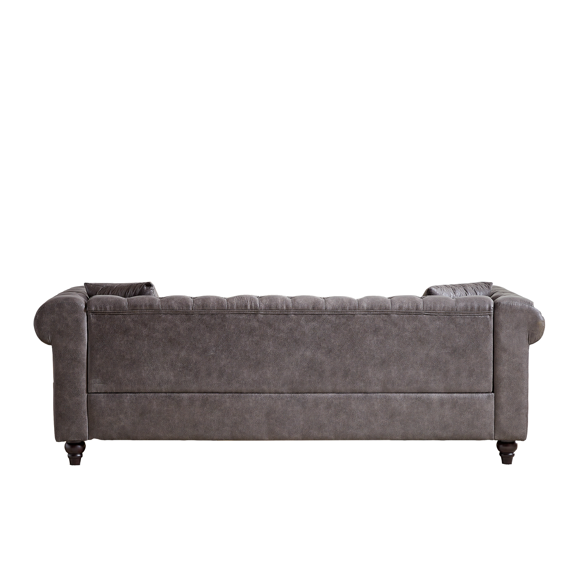 Dark gray tufted velvet sofa with rolled arms and dark wooden legs