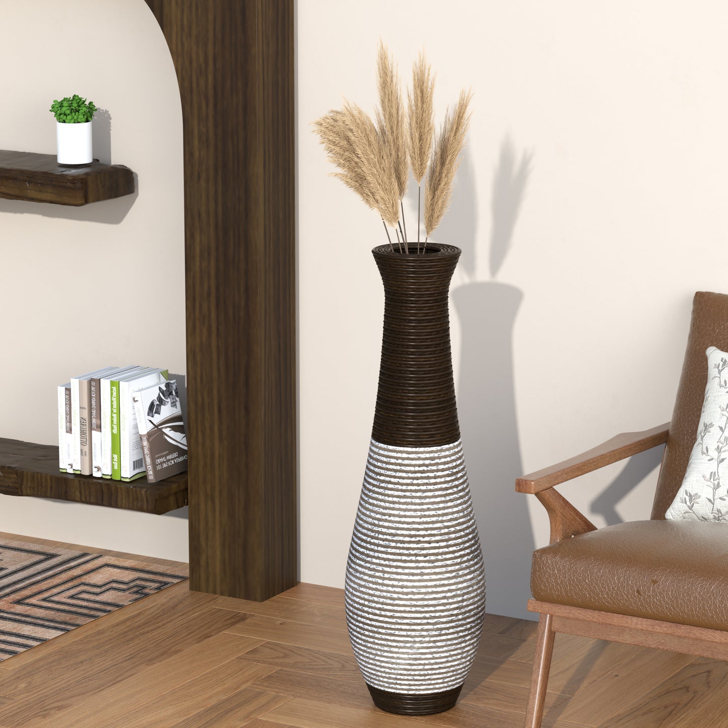 Tall brown and white striped ceramic vase with pampas grass for home decor