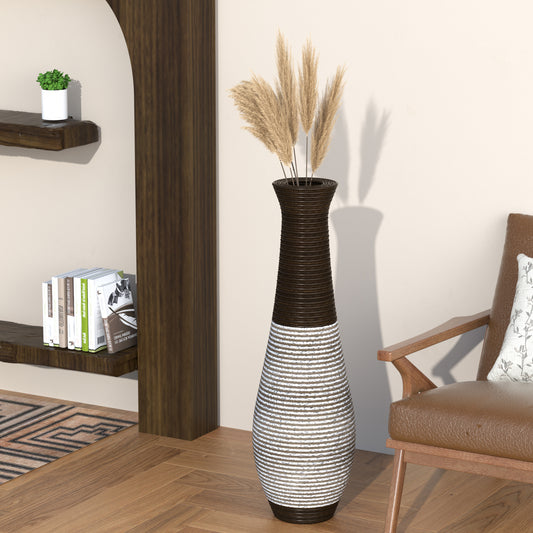 Tall brown and white striped ceramic vase with pampas grass for home decor