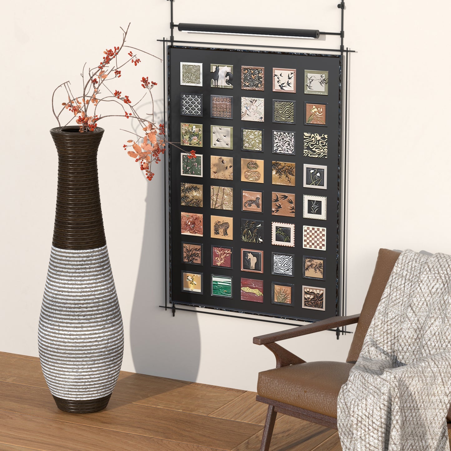 Tall ribbed dark brown and white ceramic vase with decorative branches and red berries