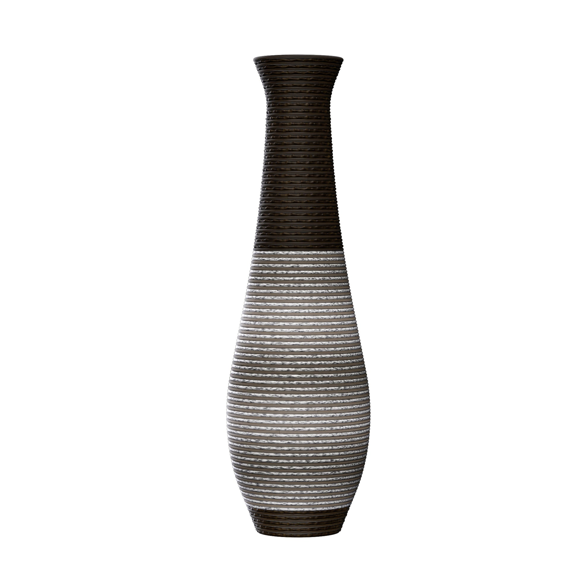 Tall textured vase with a dark top and marblepatterned body