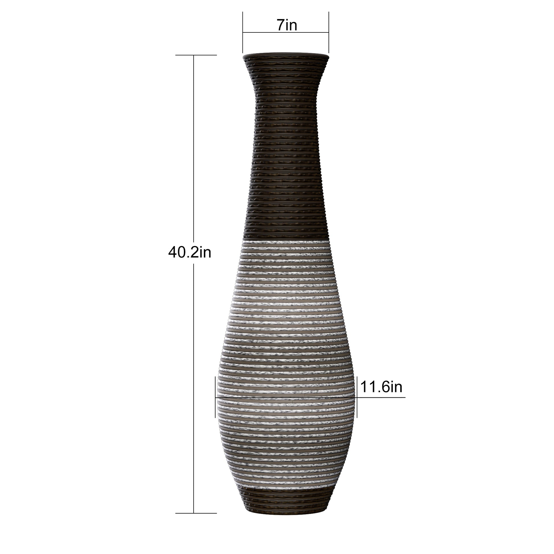 Tall ceramic vase with textured dark brown and grey striped design