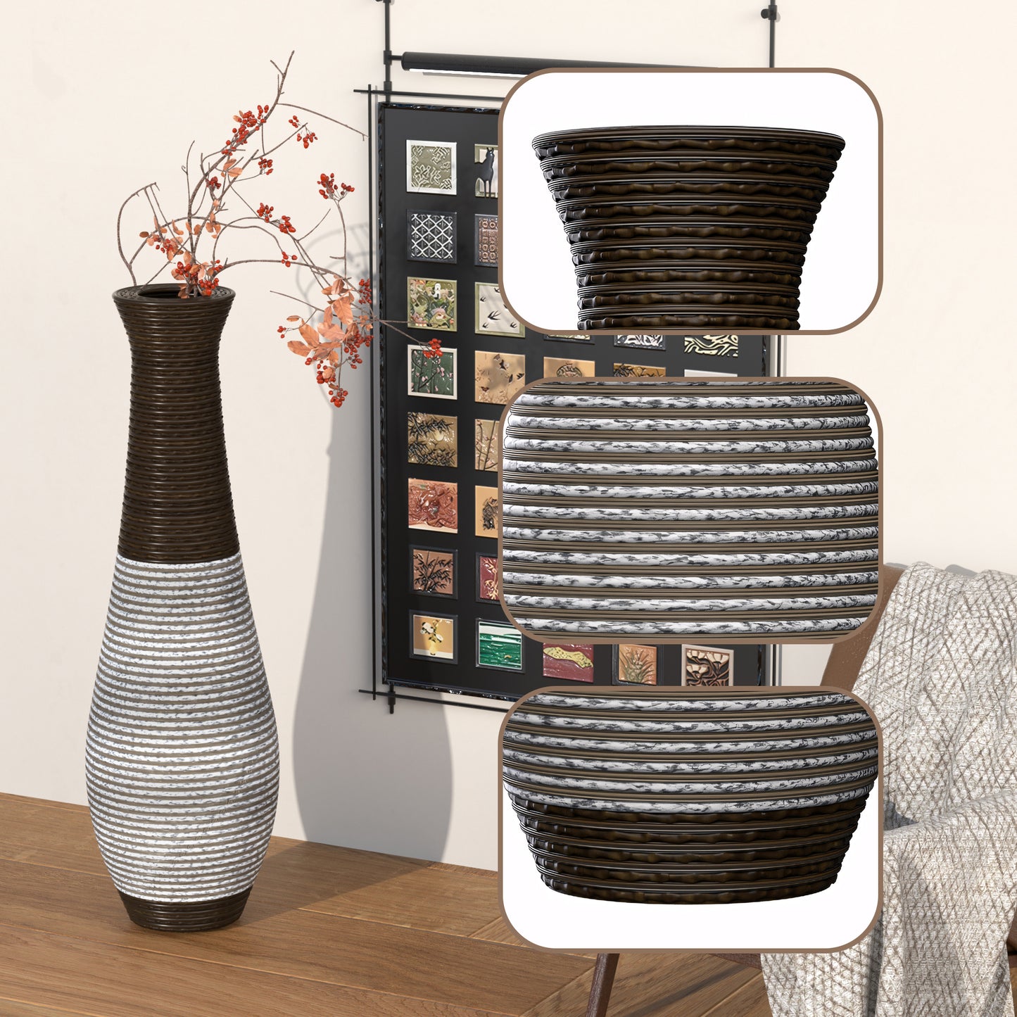 Tall ribbed brown and white ceramic vase with metallic accent for home decor