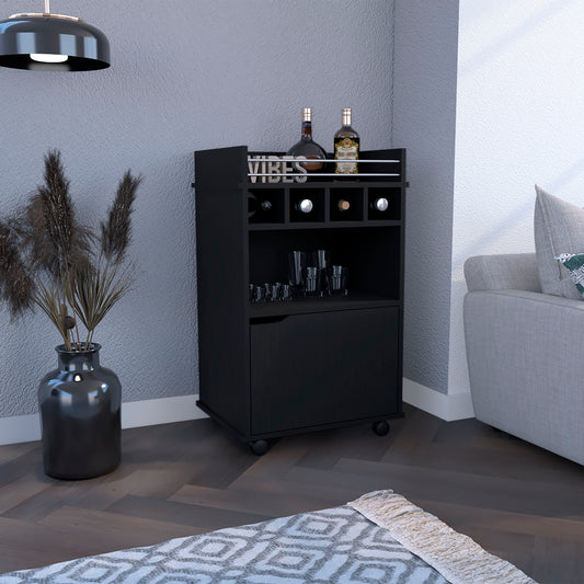 Sleek black bar cart with wine rack and glass storage perfect for home bars