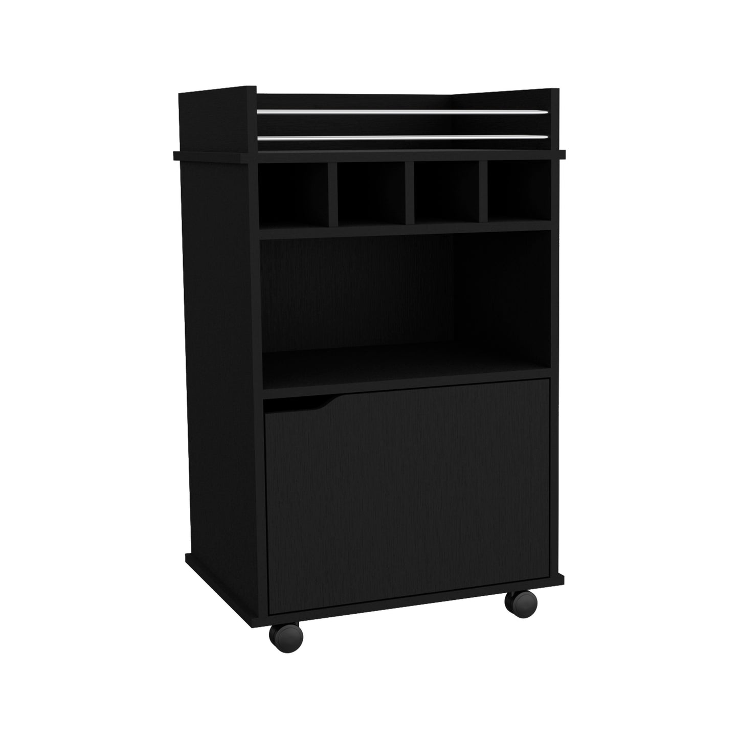 Black wooden bar cart with shelves and wine rack on wheels
