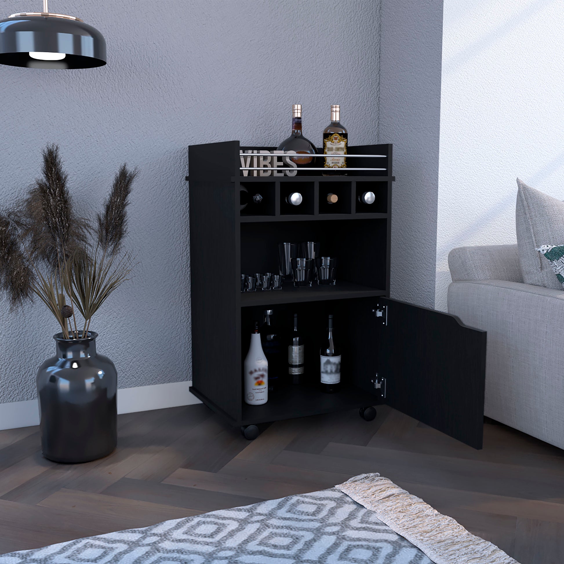 Black portable bar cart with wine rack and cabinet displaying liquor bottles and glassware