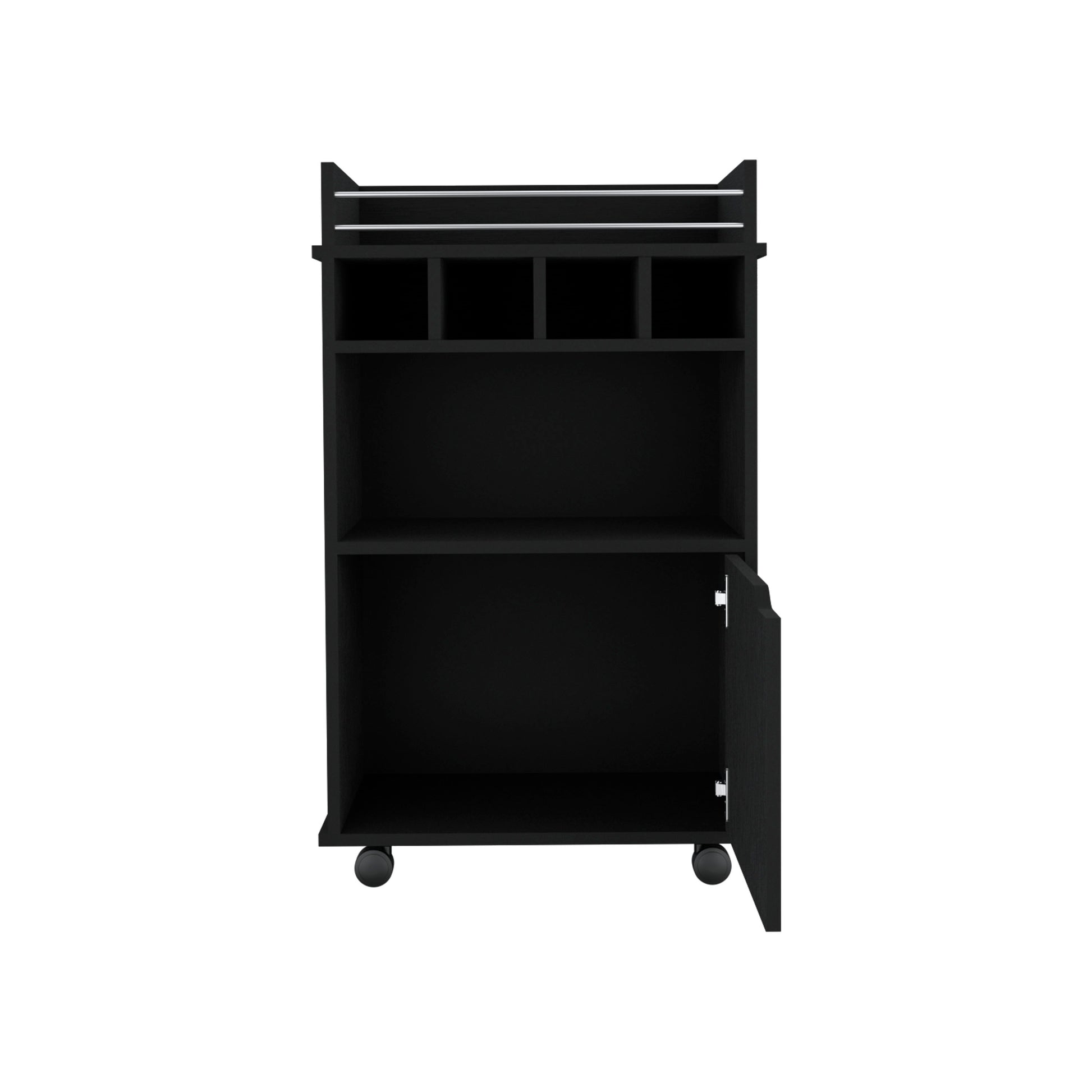 Black metal bar cart with open shelves and a closed cabinet compartment