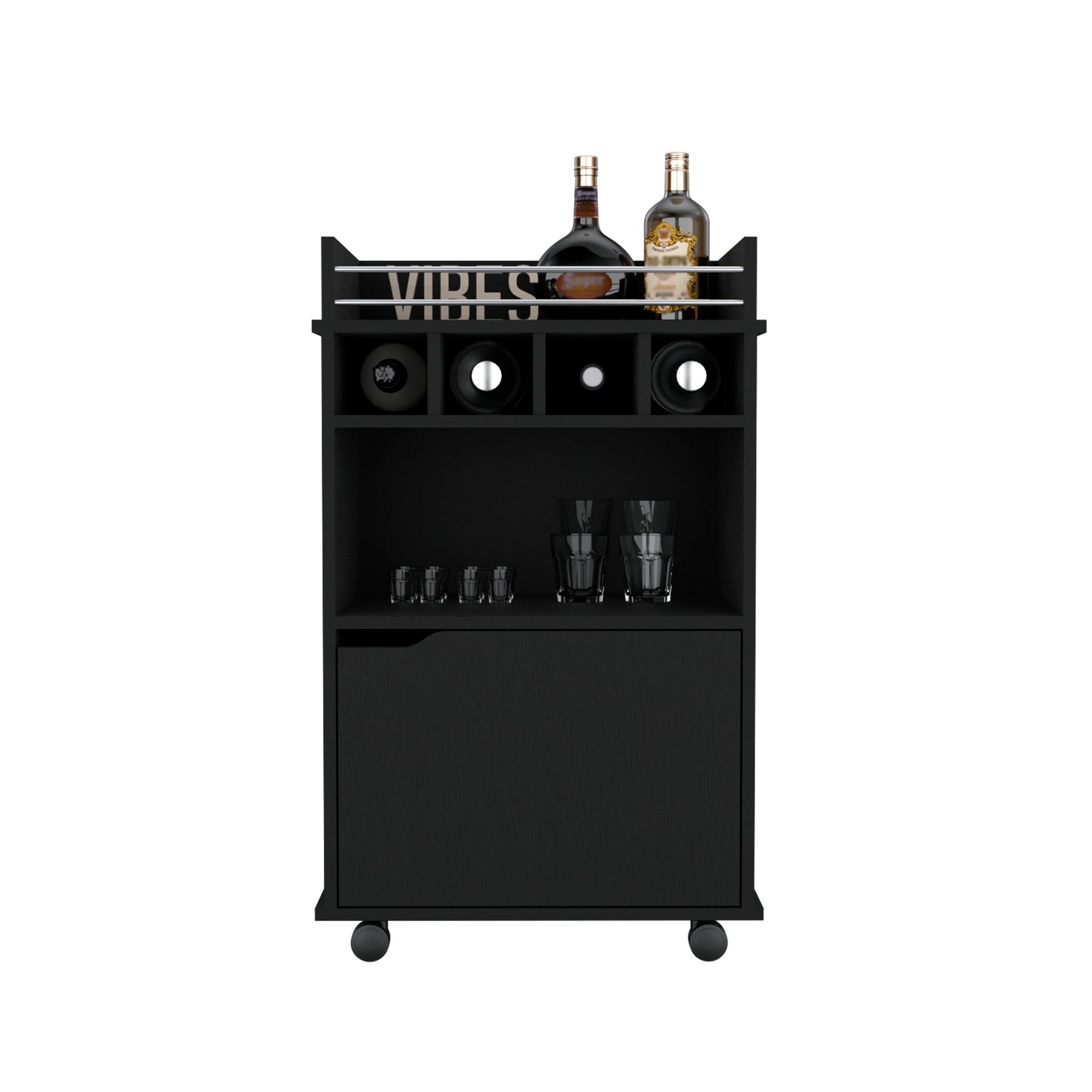 Modern black bar cart with wine rack glasses and liquor bottles for home entertaining