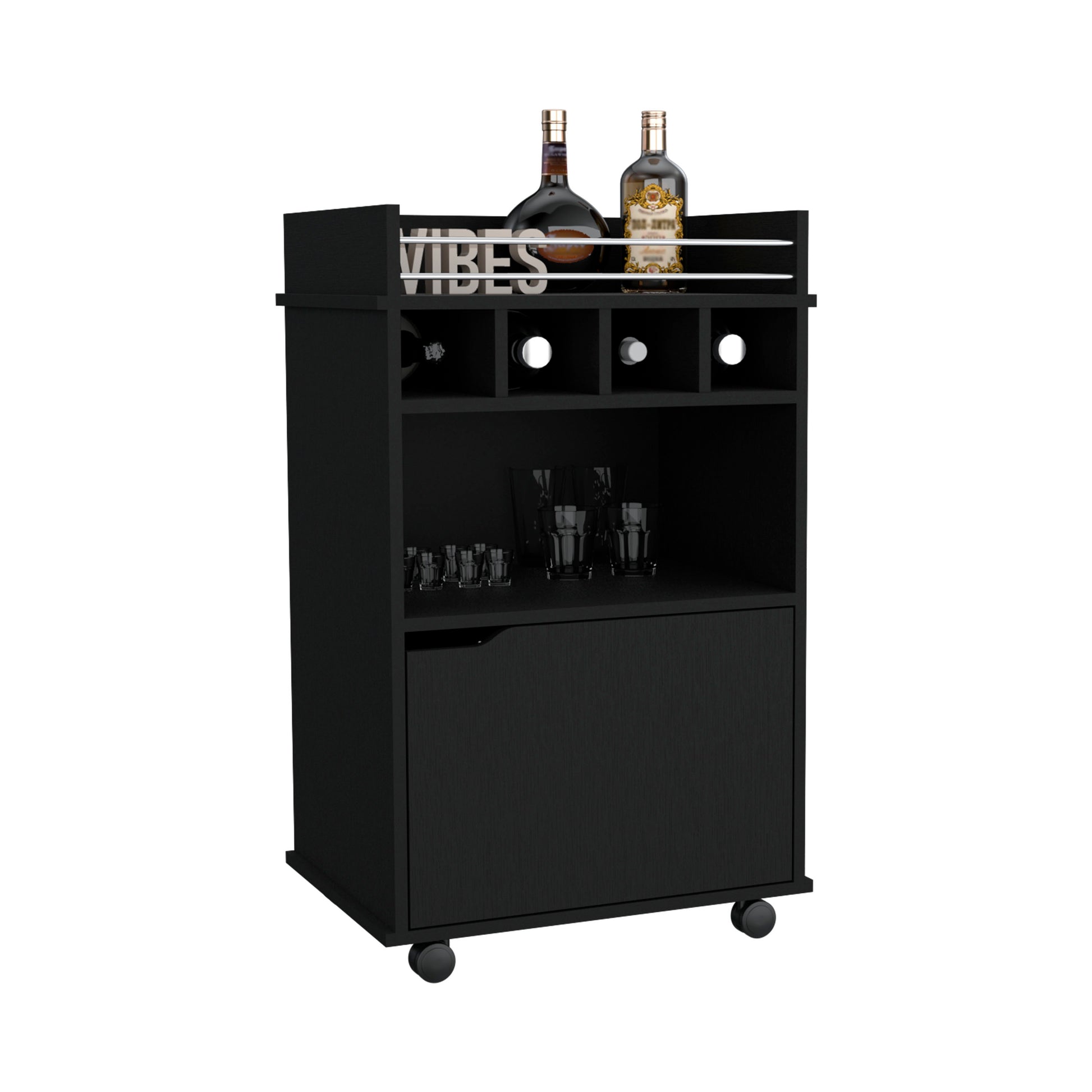 Sleek black bar cart with wine rack glasses and two liquor bottles Features a hidden cabinet and wheels