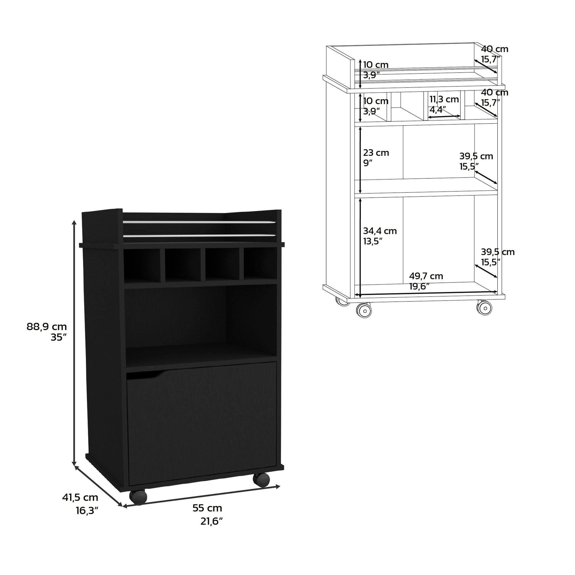 Black mobile bar cart with tiered shelving and wine rack