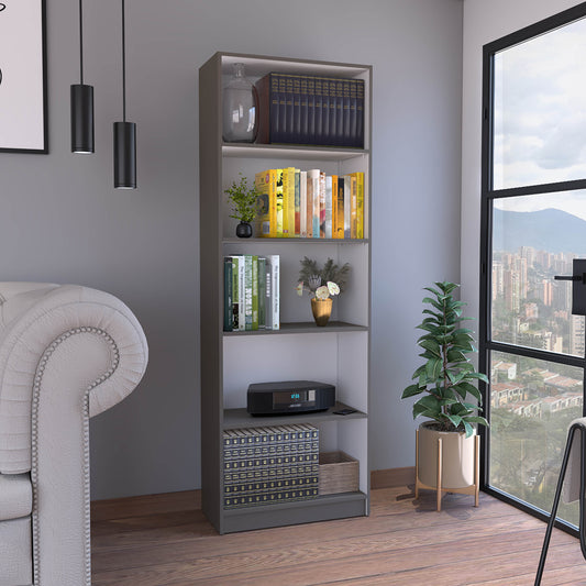 Tall gray open bookshelf displaying decorative books and a glass vase