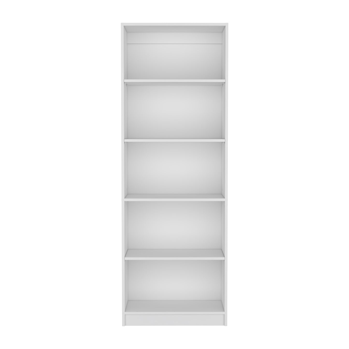 Tall narrow white bookcase with five adjustable shelves for modern home storage