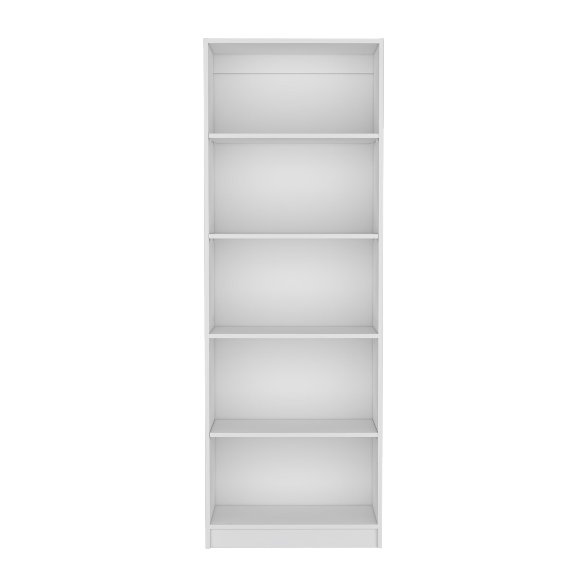 Tall narrow white bookcase with five adjustable shelves for modern home storage