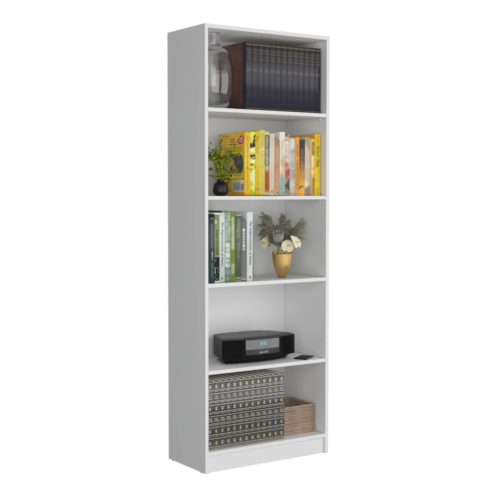 Tall white bookcase displaying books a decorative vase a media player and storage boxes