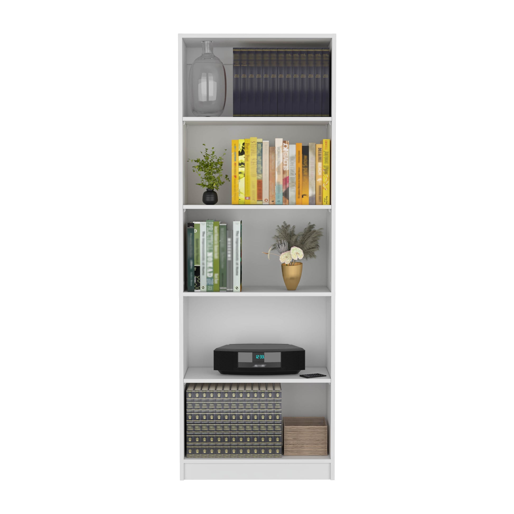 White modern bookshelf with decorative items and books