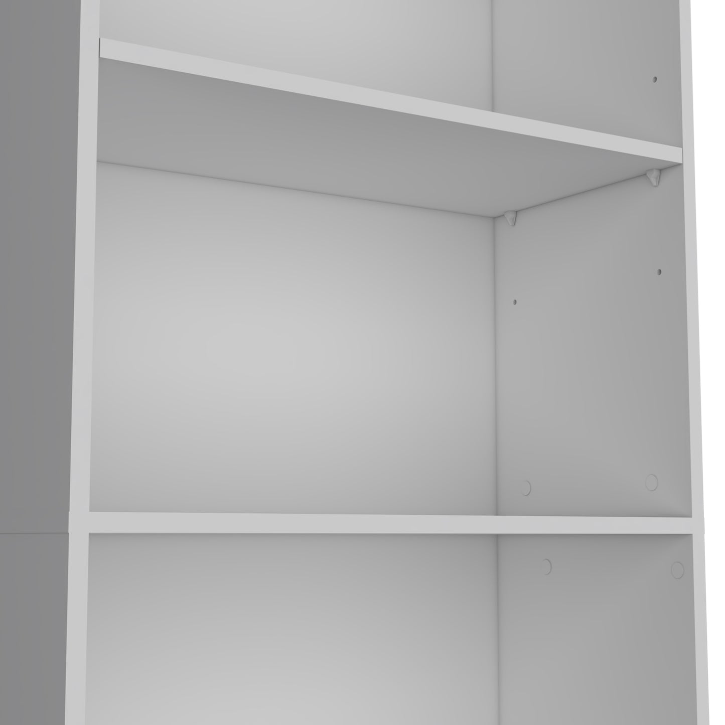 Minimalist white modular shelving unit with clean lines and open compartments