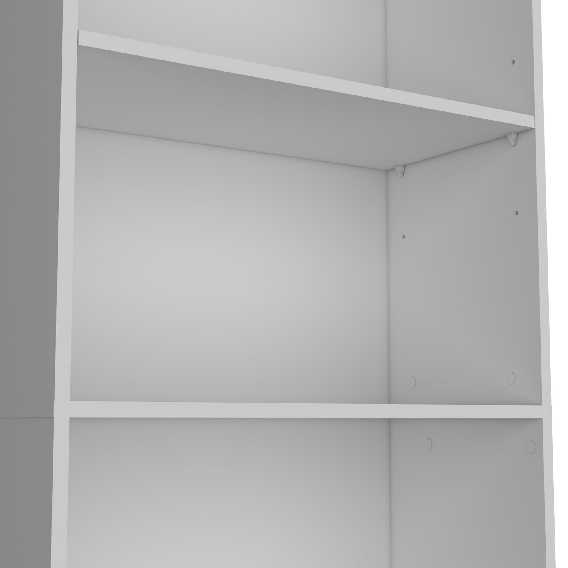 Minimalist white modular shelving unit with clean lines and open compartments