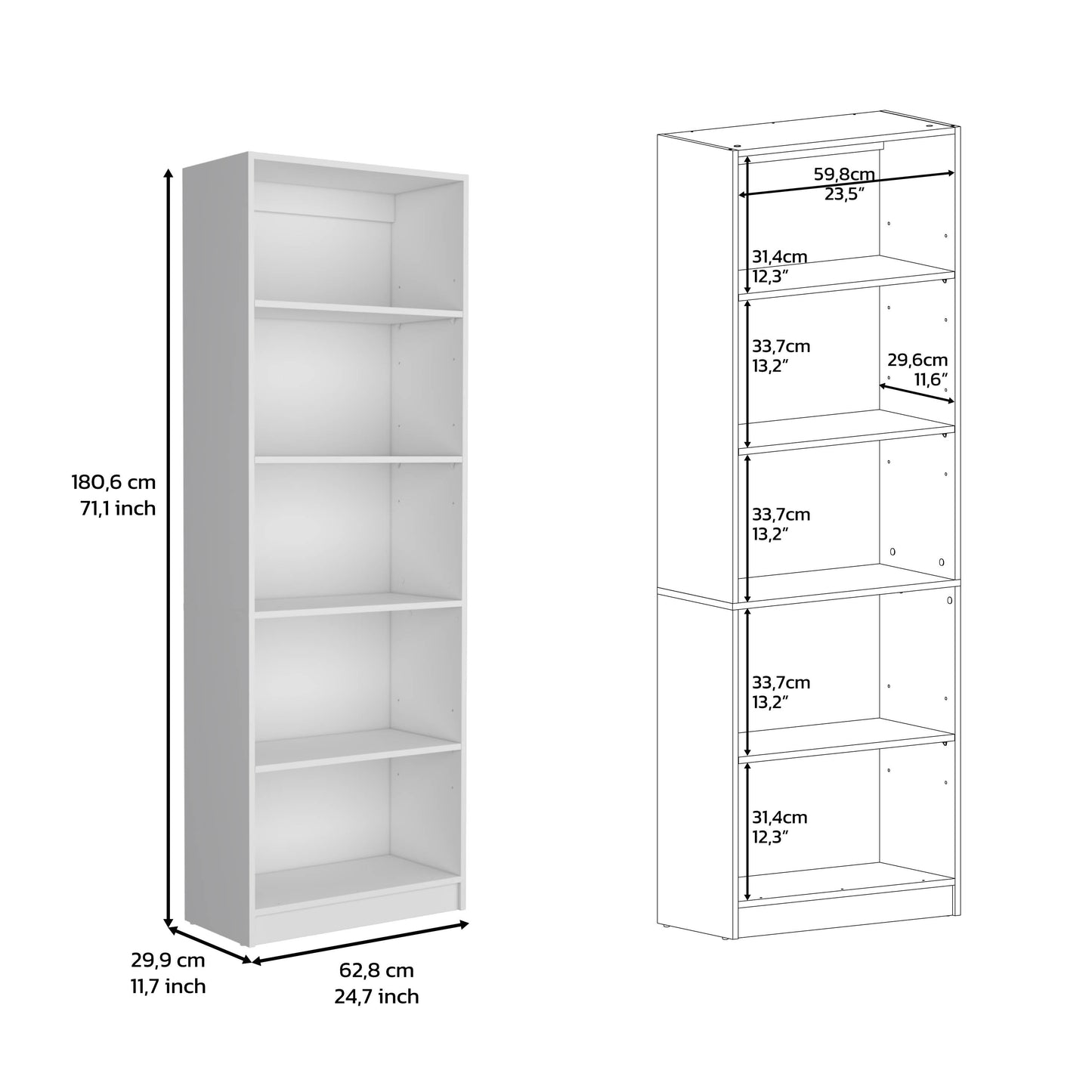 White fiveshelf bookcase with detailed dimensions shown
