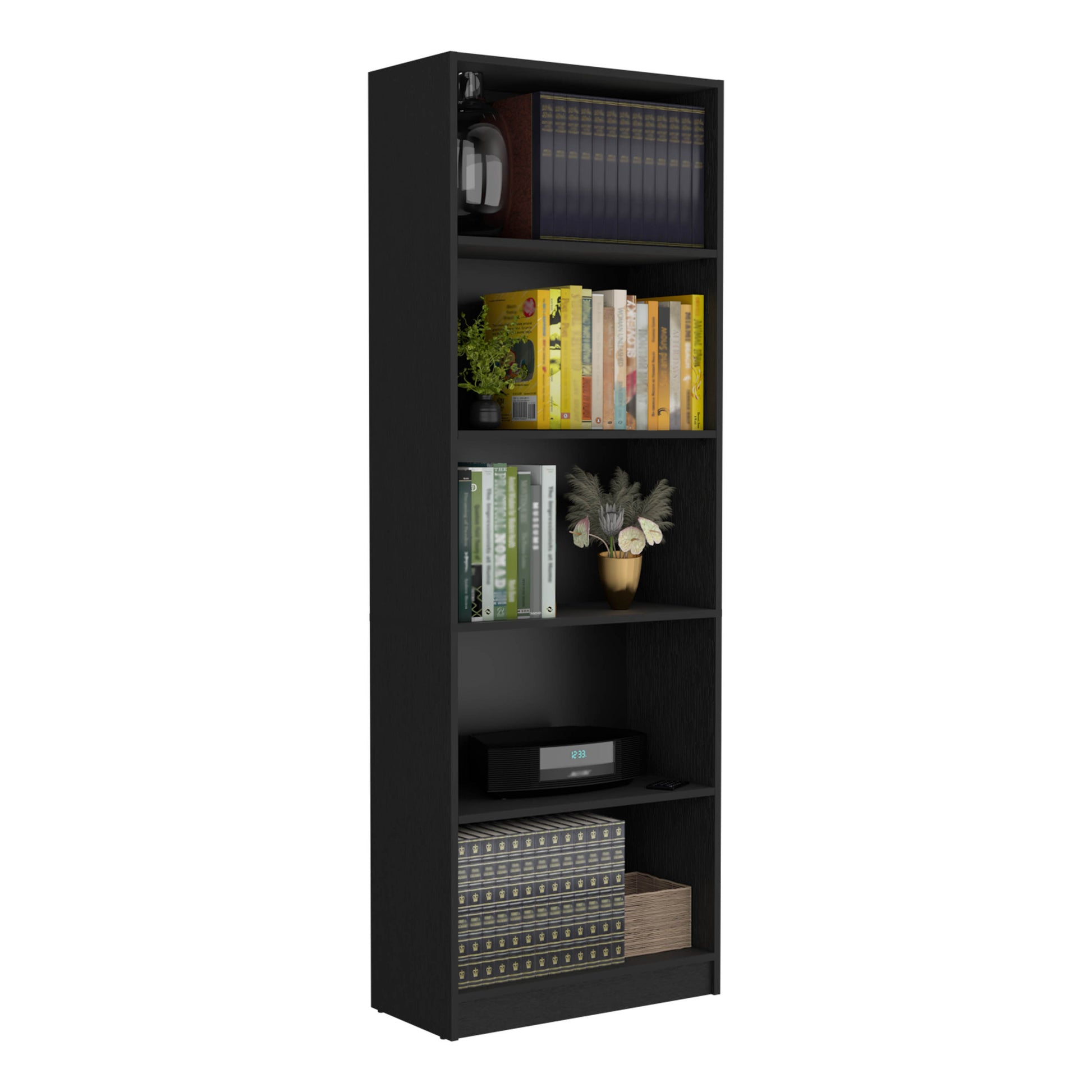 Black tall bookshelf with books and decorative items