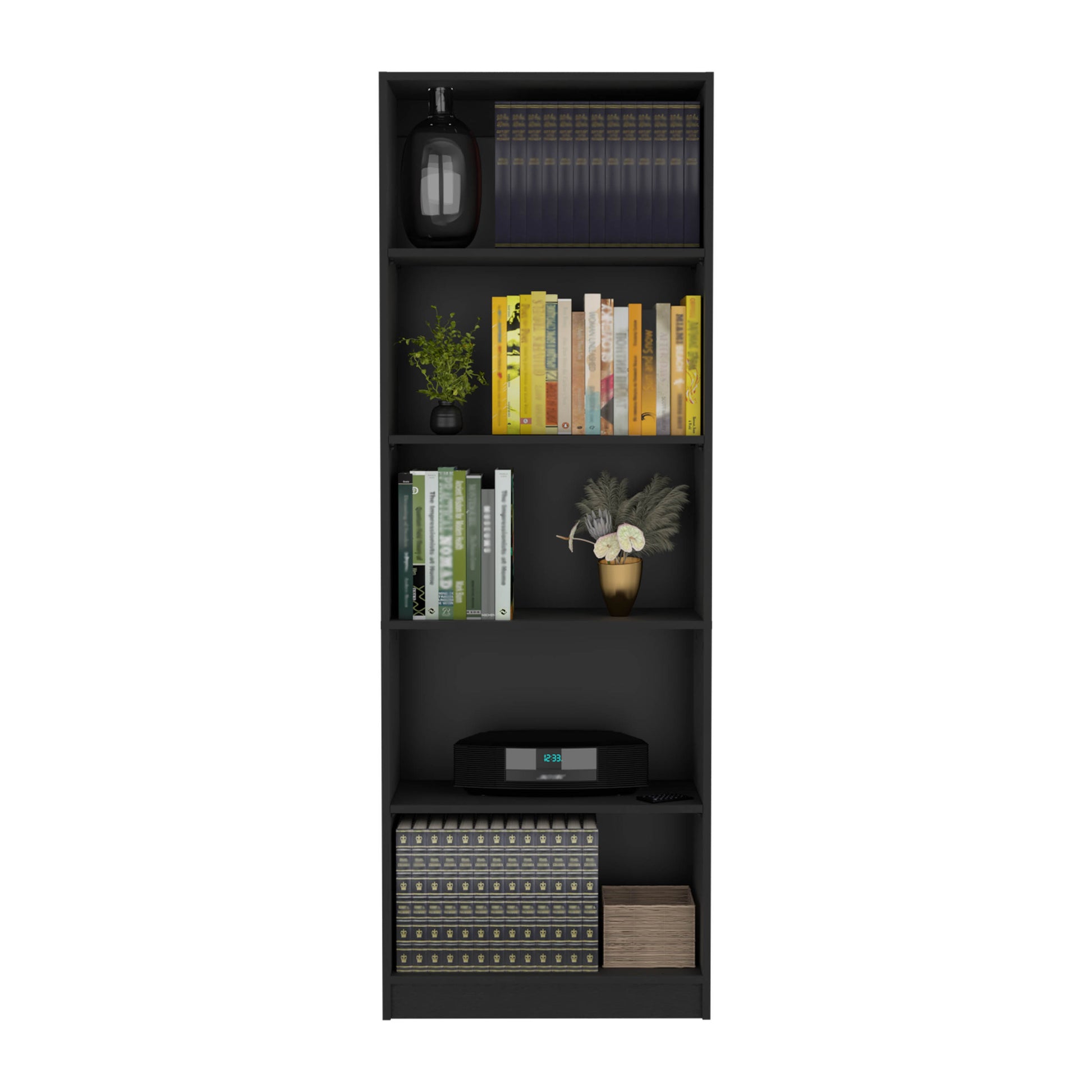 Dark glass decorative vase on the top shelf of a black bookshelf