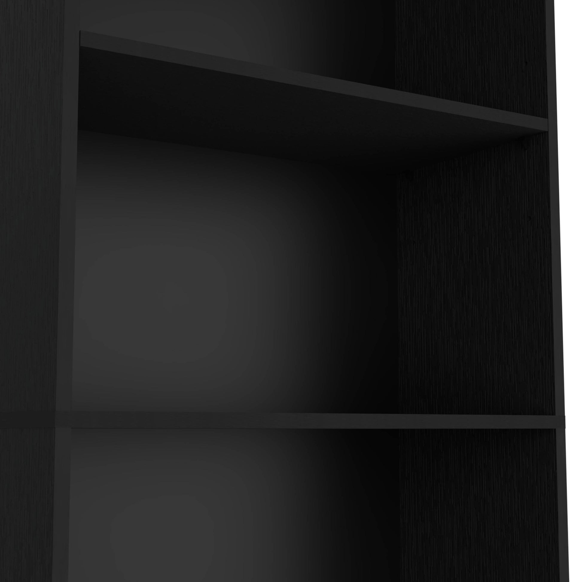 Closeup of an empty black wood grain shelf from a modern minimalist bookshelf