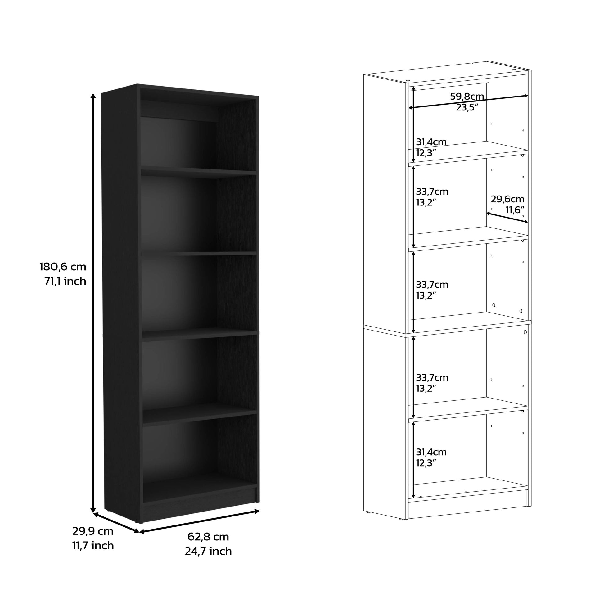 Tall black bookshelf with five shelves for storage