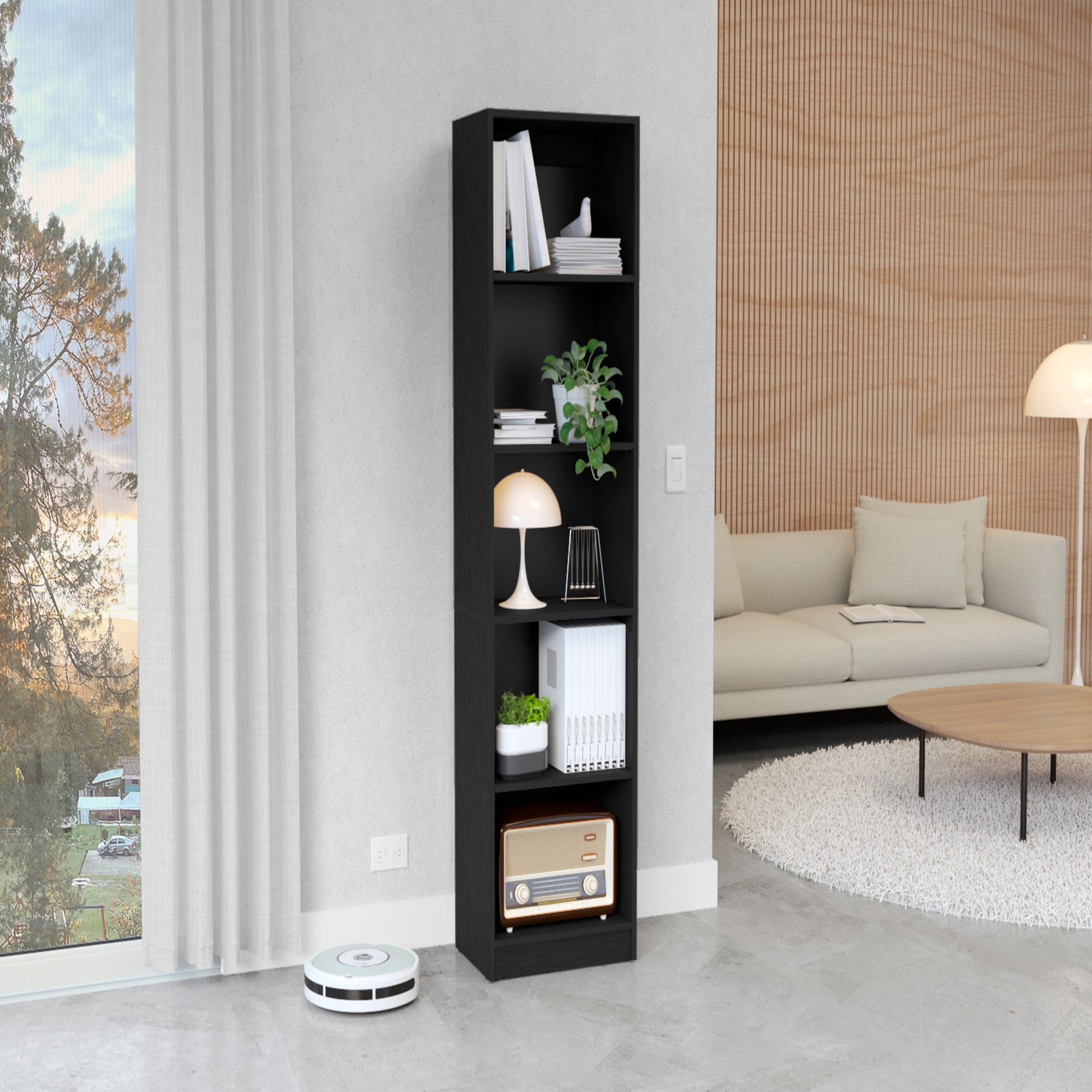 Black fiveshelf narrow bookshelf with books and decor