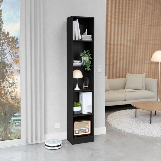 Black fiveshelf narrow bookshelf with books and decor