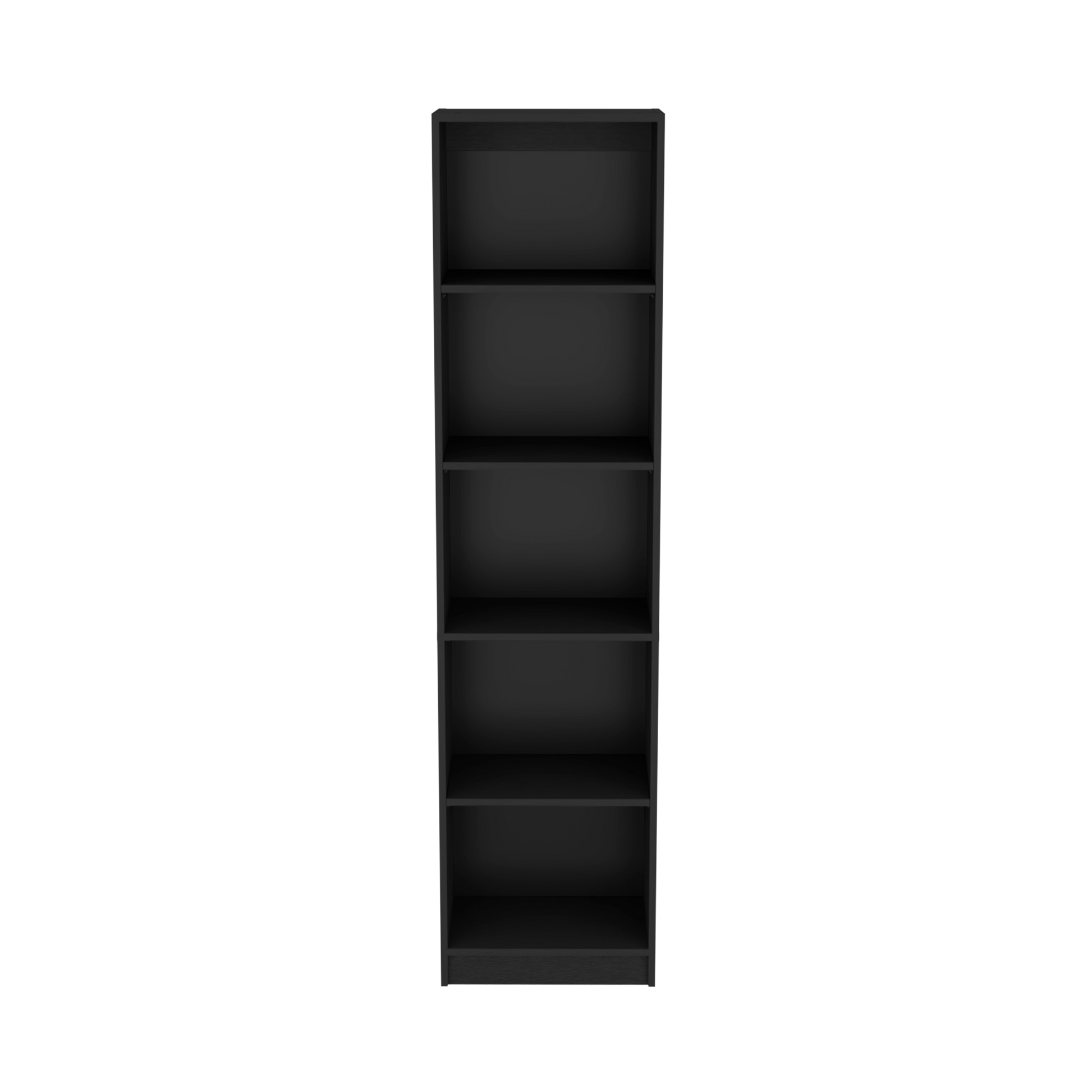 Tall narrow black bookshelf with six open shelves for books and decor