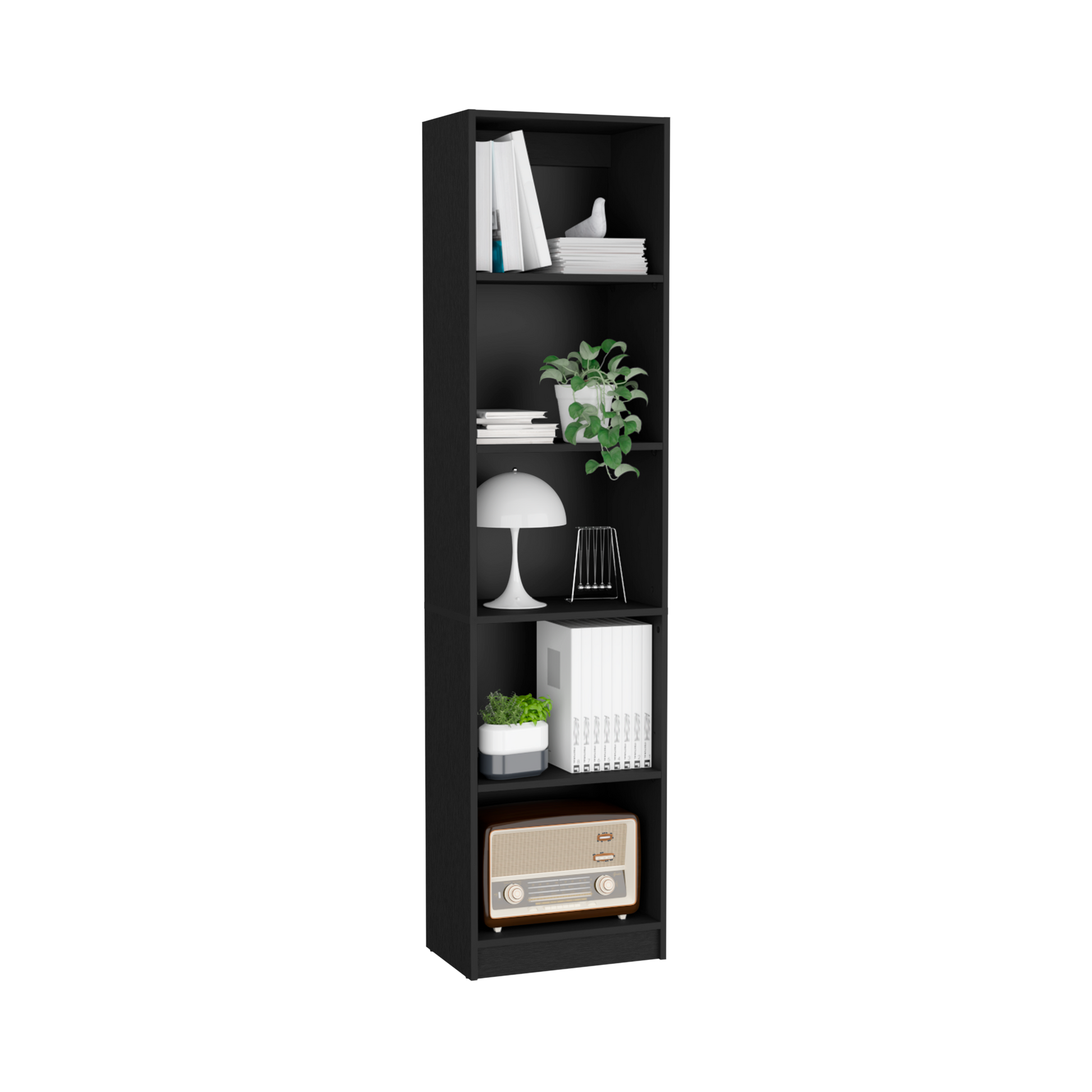 Tall black bookcase with books a plant a lamp and a vintage radio