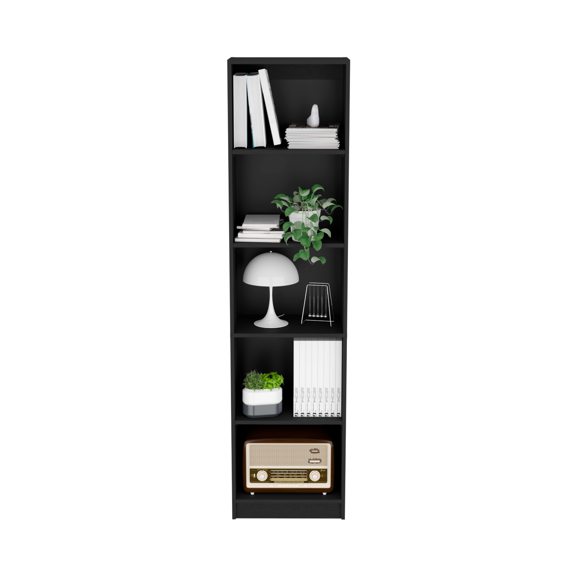 Tall black bookshelf displaying white books and a modern lamp