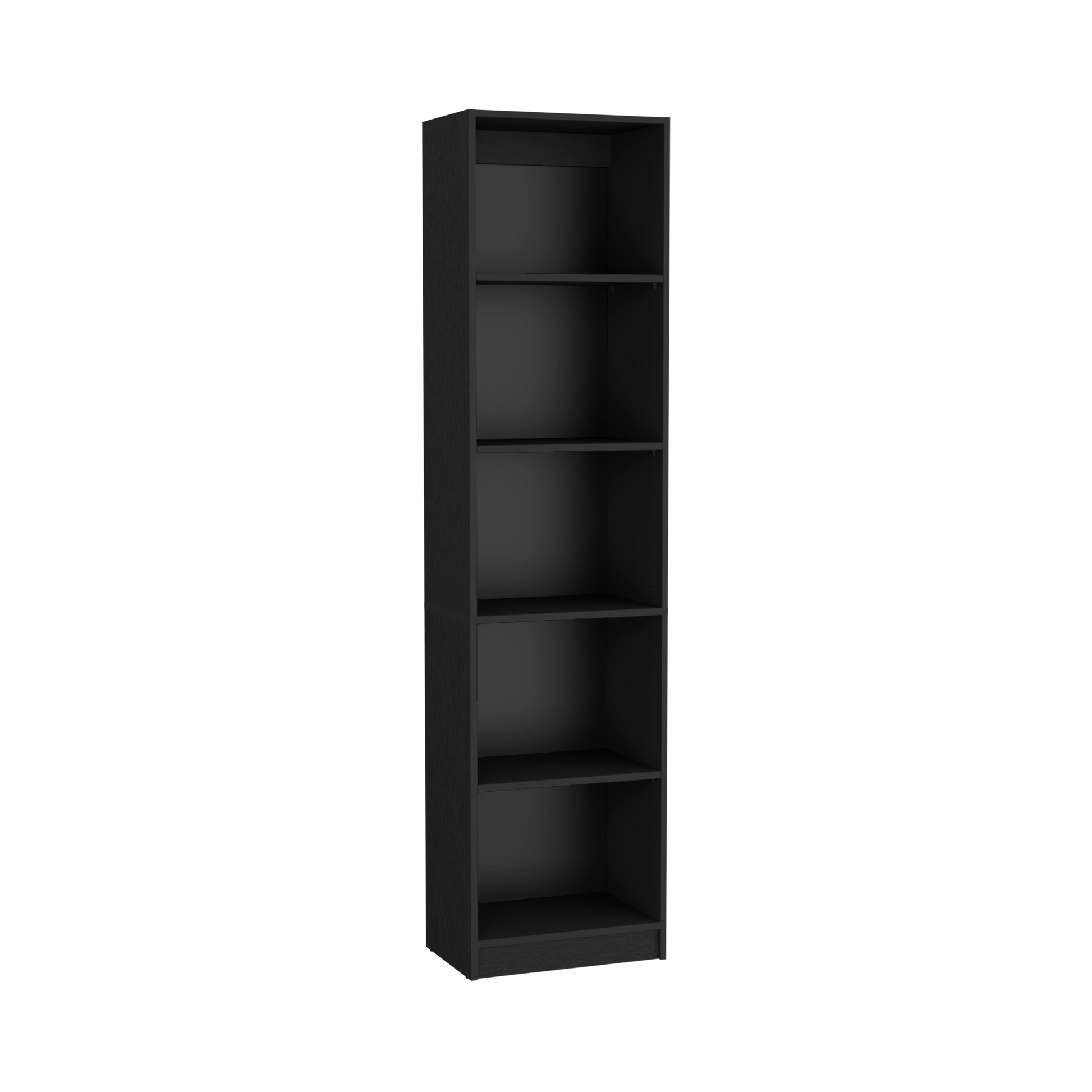 Tall narrow black bookshelf with five open shelves and a textured finish