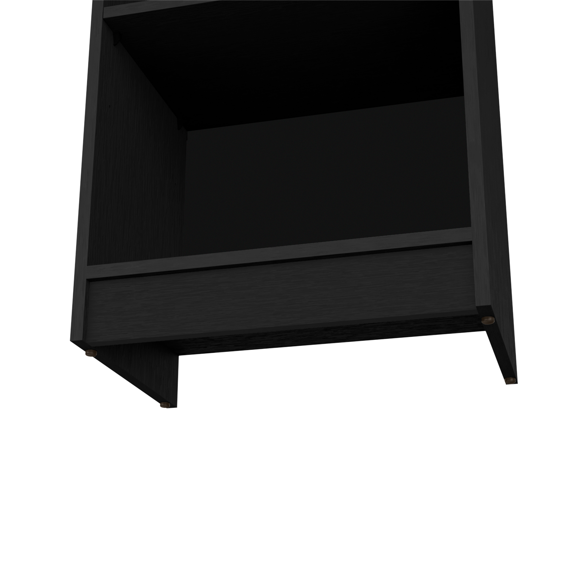 Black wood minimalist bookshelf base with visible dowel feet