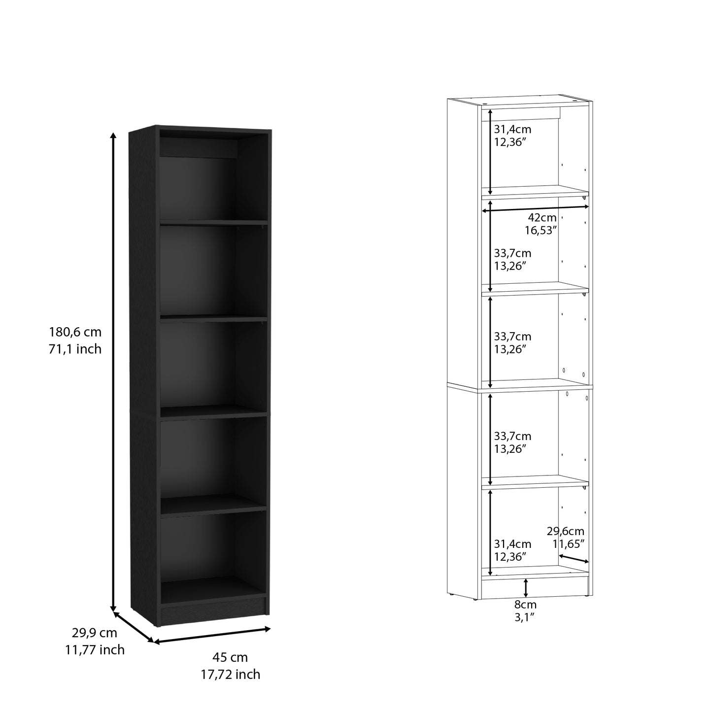 Tall black bookshelf with  shelves for home storage