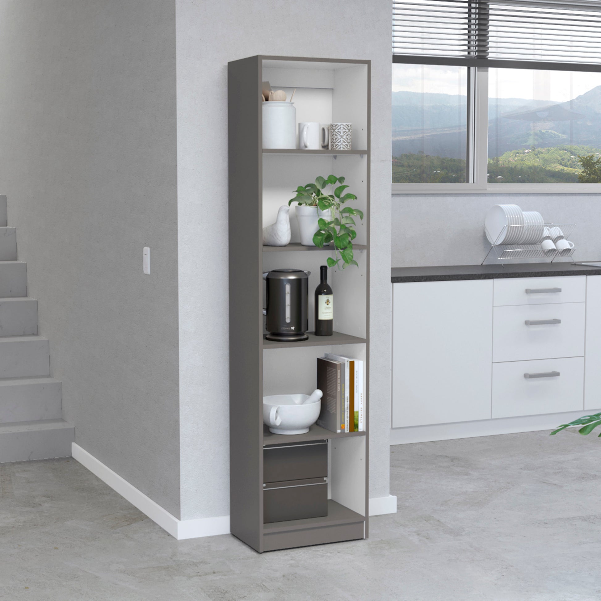 Modern tall grey shelf unit displaying kitchenware and books perfect for small kitchens