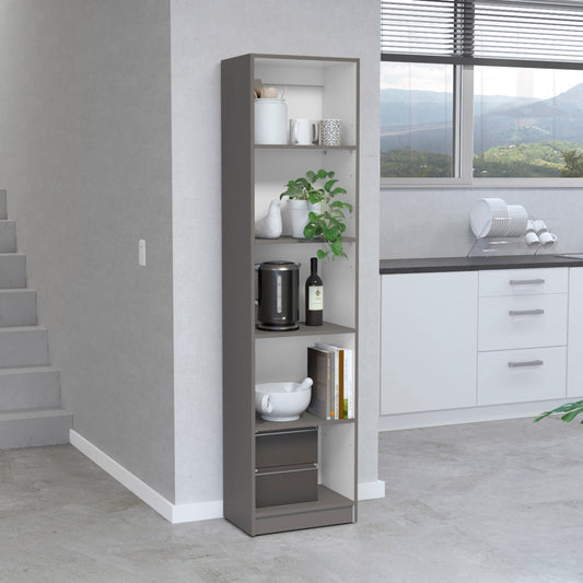 Modern tall grey shelf unit displaying kitchenware and books perfect for small kitchens