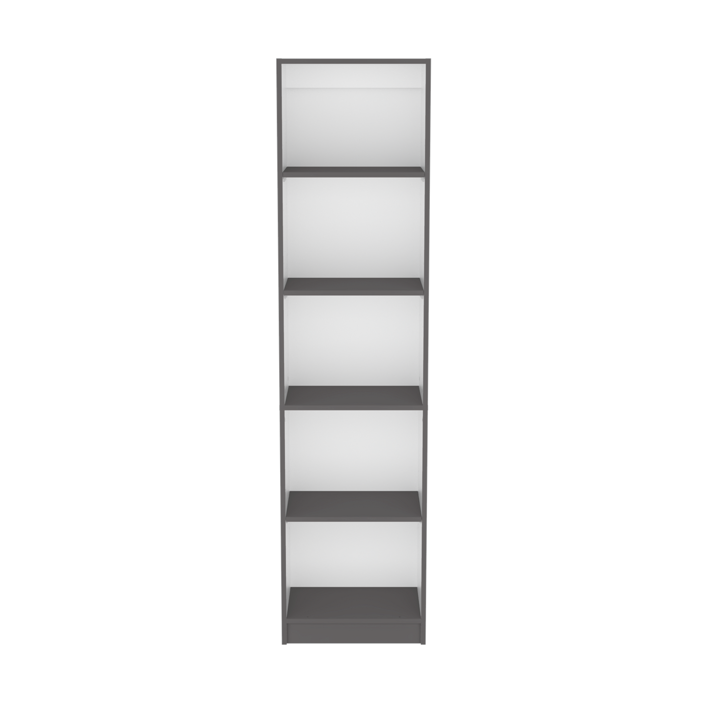 Tall slim grey bookshelf with five open shelves ideal for compact storage