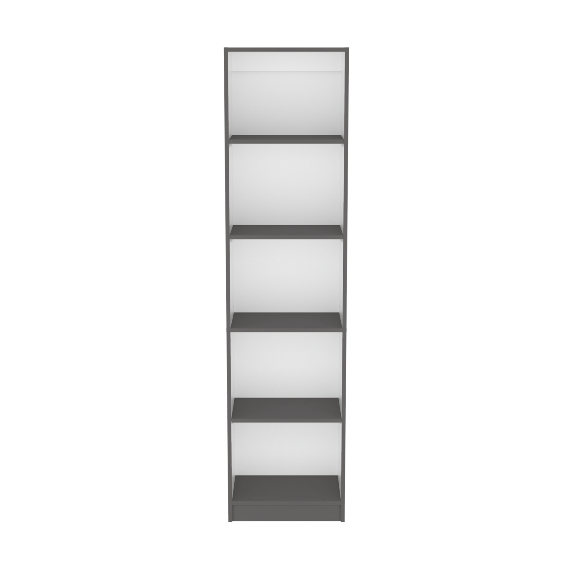 Tall slim grey bookshelf with five open shelves ideal for compact storage