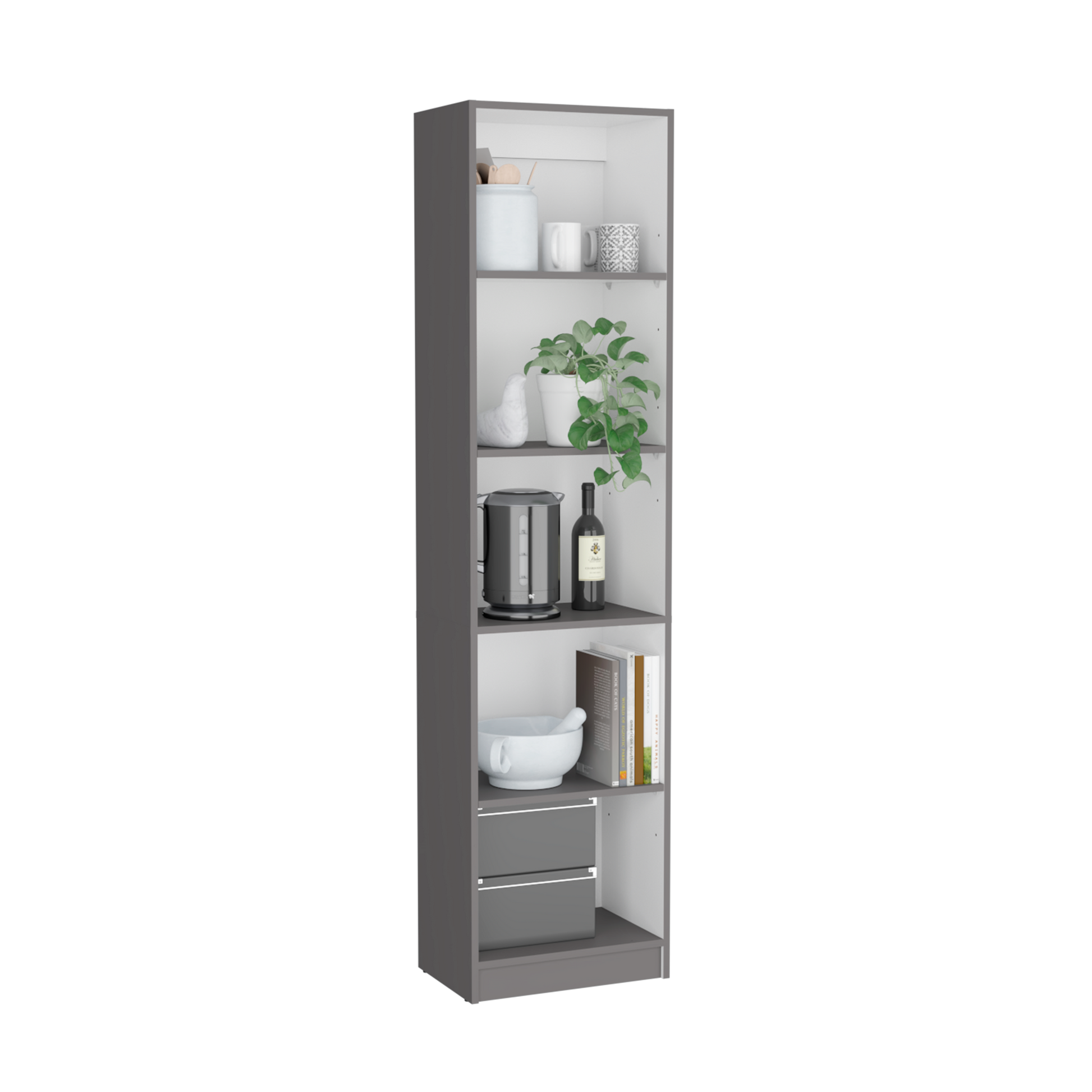Tall grey kitchen cabinet with white shelves holding a kettle wine bottle and dcor