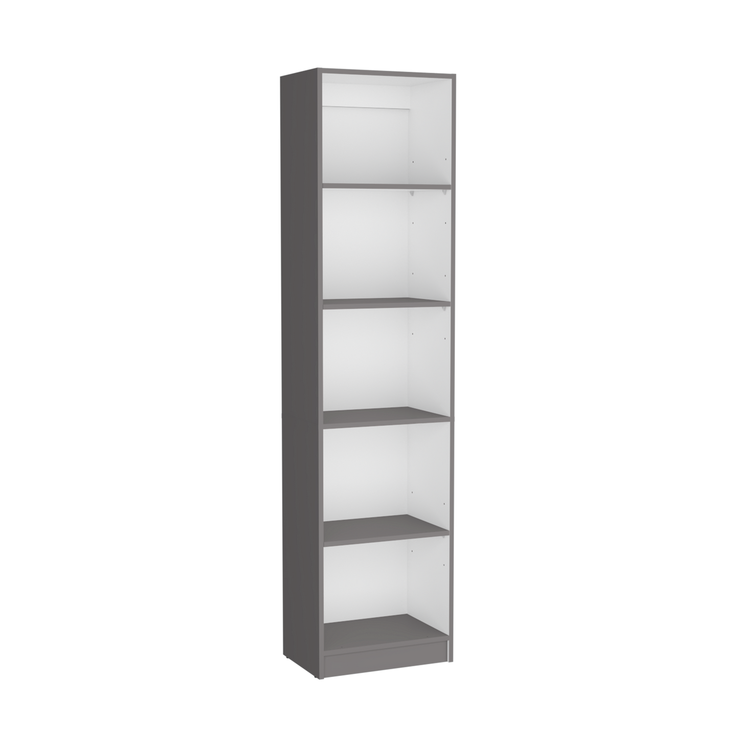 Tall slim grey cabinet with five white shelves ideal for narrow spaces