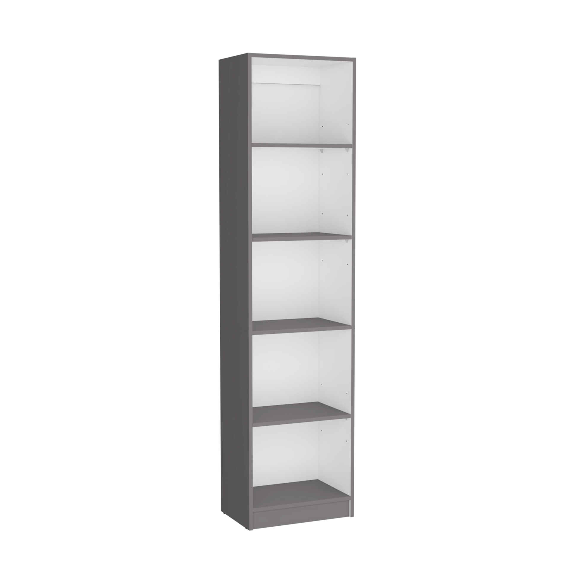 Tall slim grey cabinet with five white shelves ideal for narrow spaces