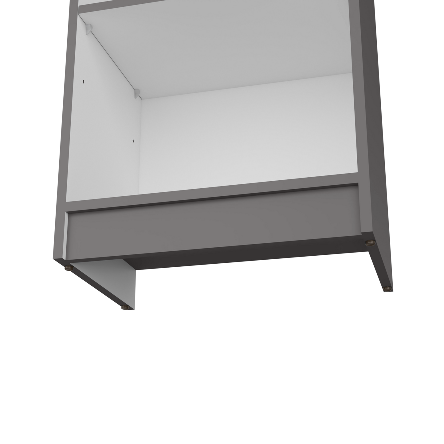 Modern white cabinet interior with a dark gray facade and four bronze feet