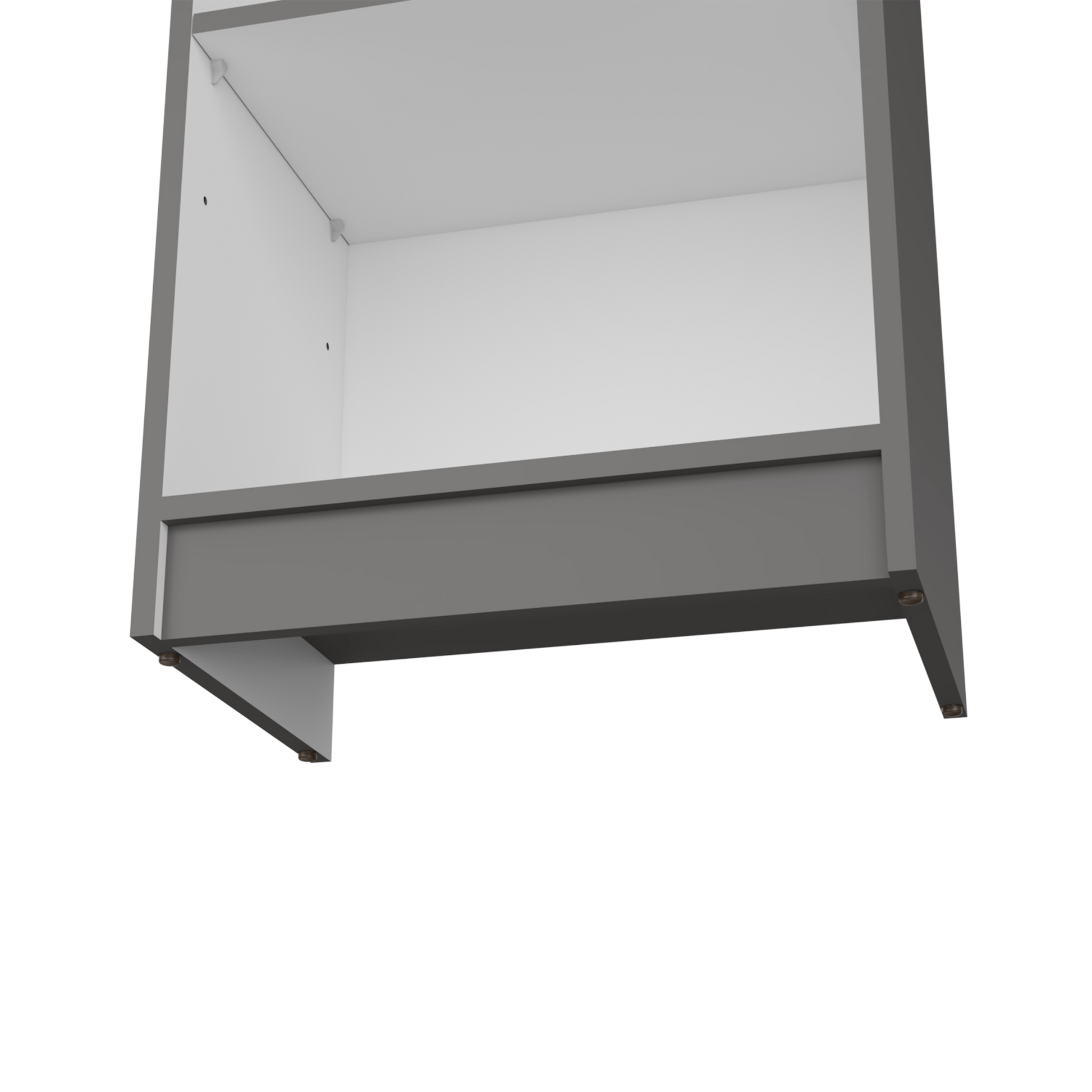 Modern white cabinet interior with a dark gray facade and four bronze feet