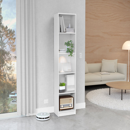 Slim white bookshelf with five shelves holding books plants and decorative items