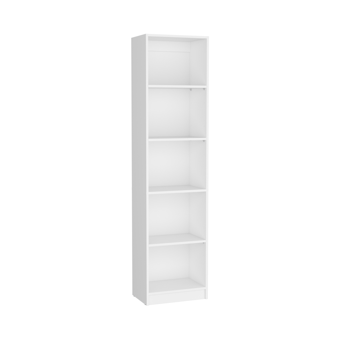 Sleek white tall bookshelf with five open shelves perfect for modern home storage