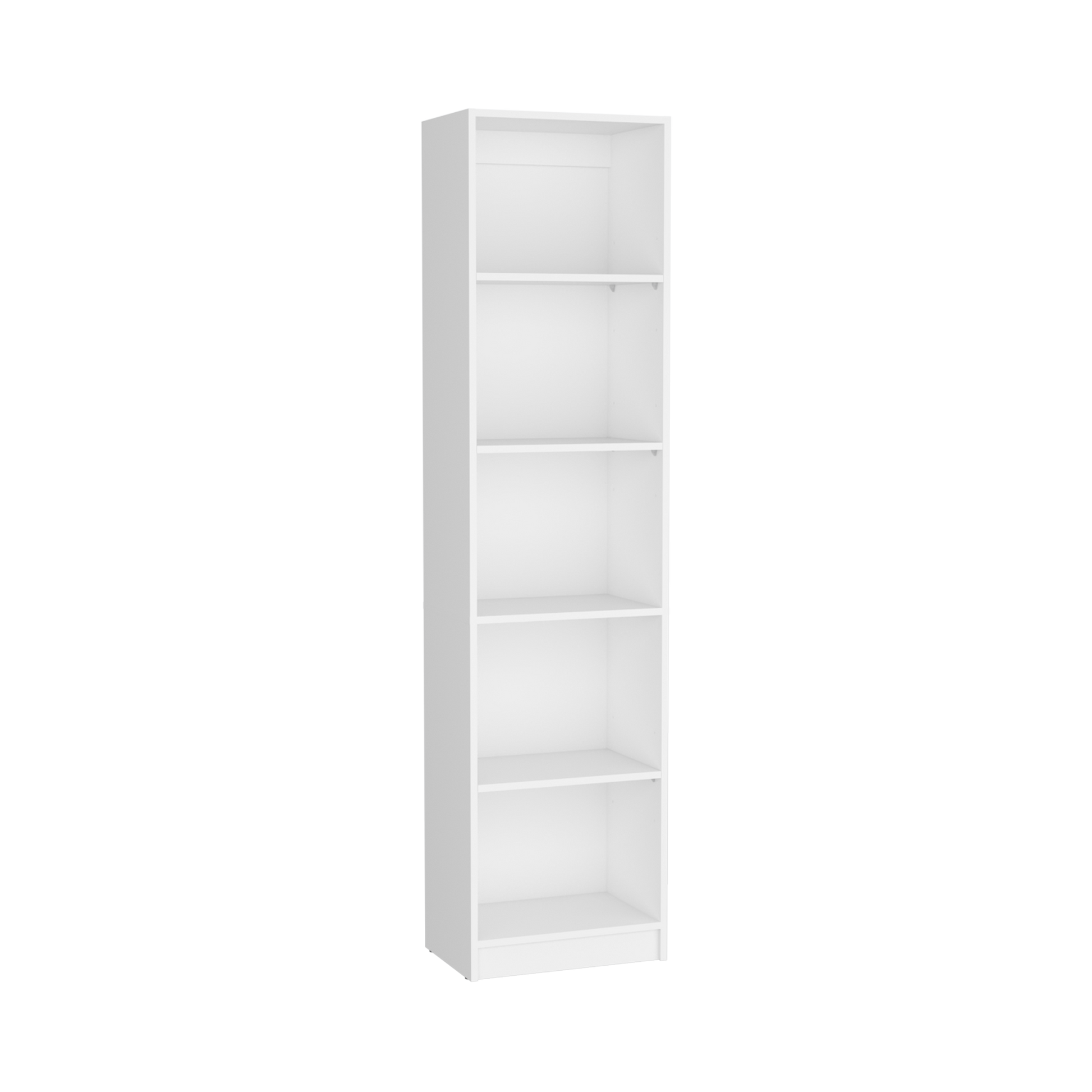 Sleek white tall bookshelf with five open shelves perfect for modern home storage